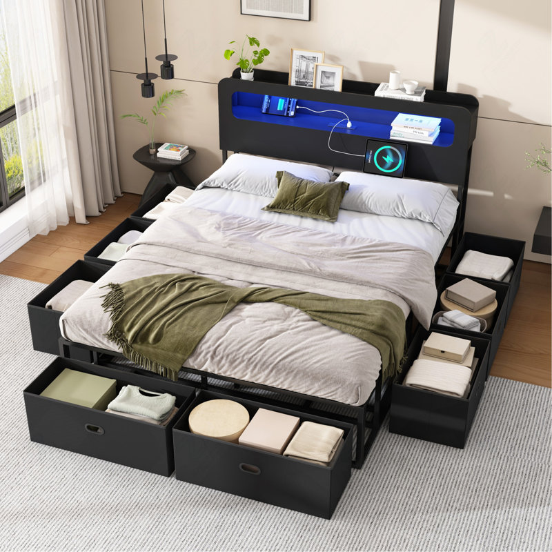Lit plateforme entièrement métallique avec tête de lit à rangement à 2 niveaux, station de charge USB/Type-C, éclairage DEL et 8 tiroirs en tissu, noir