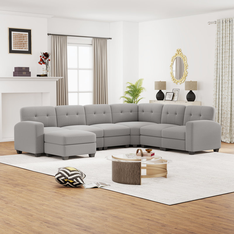 6 - Piece Soft Upholstered Modern Modular Sectional Sofa Set With Movable Ottoman, Silver Polyester Blend