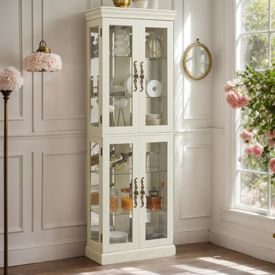 Lighted Curio Cabinet 71" Vintage Glass Display Case with Adjustable Shelves, 4 Tempered Glass Doors, Bulb Included, Wooden Square Wine Bar China Cabi by Eyisean