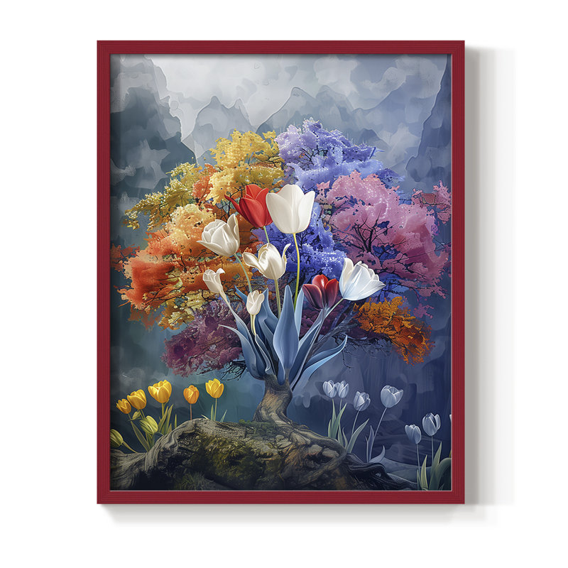 Reproduction encadrée FLORAL Series DCCDXII - bois massif, H 21 po x l 17 po, Rouge