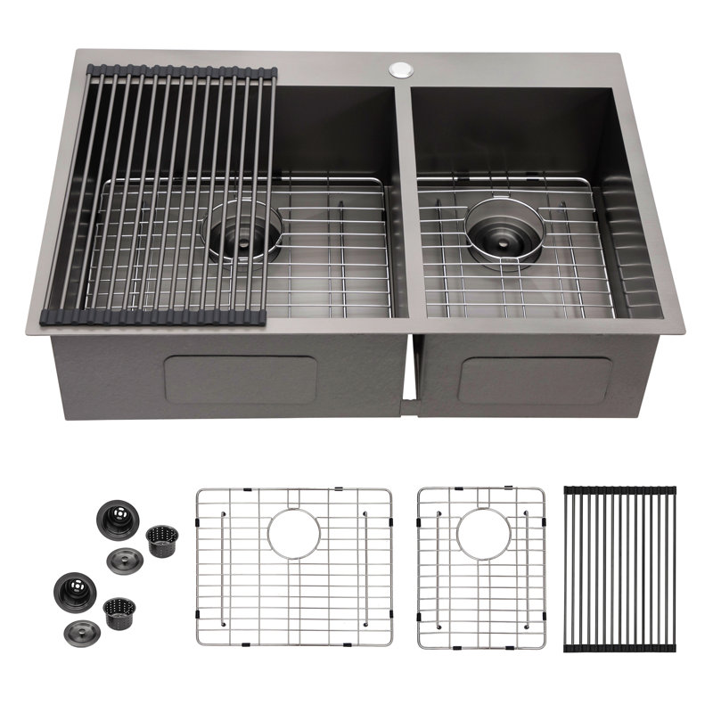 Évier de cuisine à double cuve à montage sur plan - Évier de cuisine à double cuve en acier à canon noir de calibre 16 avec deux cuves profondes de 33 po x 22 po
