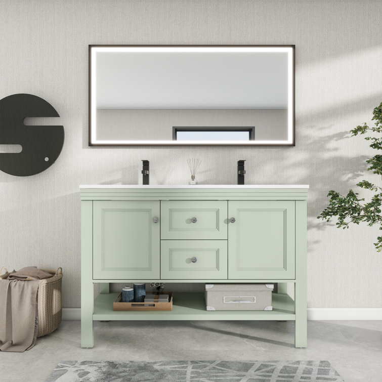 48“ Double Sink Bathroom Vanity With Resin Countertop, Faucet, 2 Doors 2 Drawers With Open Shelf
