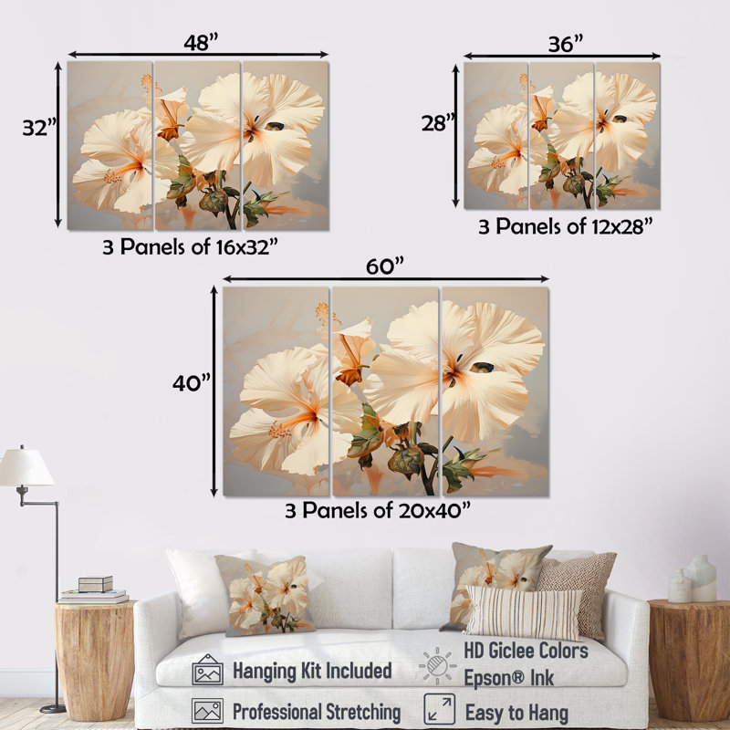 Hibiscus beige - ensemble d'art mural hibiscus, H 40 po x l 60 po x P 1 po