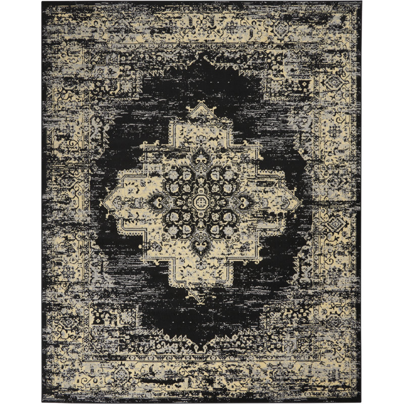 Burnie Oriental Black/Cream Area Rug, Rectangle 7'10" x 9'10"