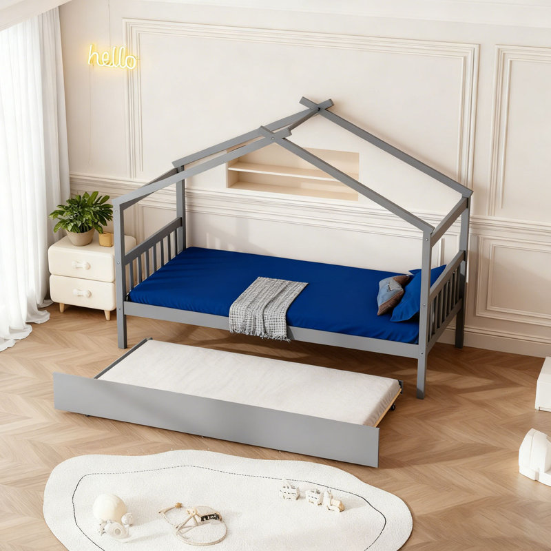 Lit en bois avec lit gigogne simple, gris