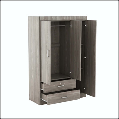 3-Door Wardrobe with 2 Drawers and Hanging Rail