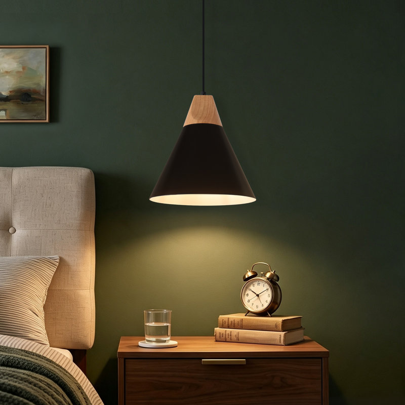Luminaire suspendu pour îlot de cuisine 1 lumière avec accents en bois Hinsinger, Noir, Paquet de 1