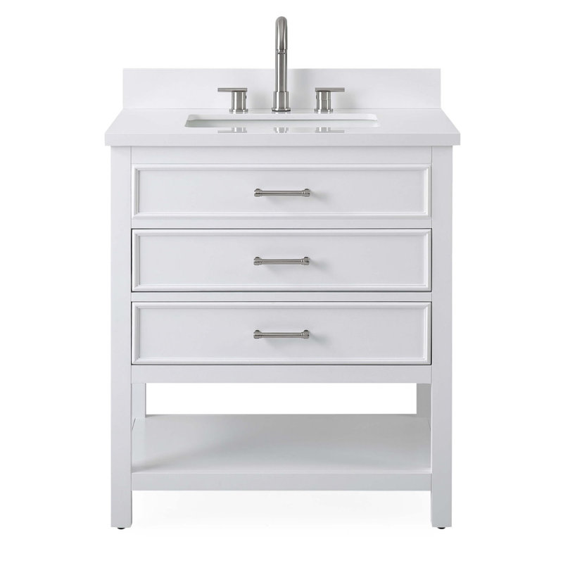 Benton Collection 30 Inch Modern Freestanding White Felton Bathroom Vanity, Single Sink, White Quartz Top, Fully Assembled