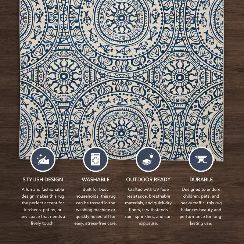 Rectangle Ocean Medallions Ivory and Beige Indoor Outdoor Machine Washable Area Rug, Rectangle 3' x 5'