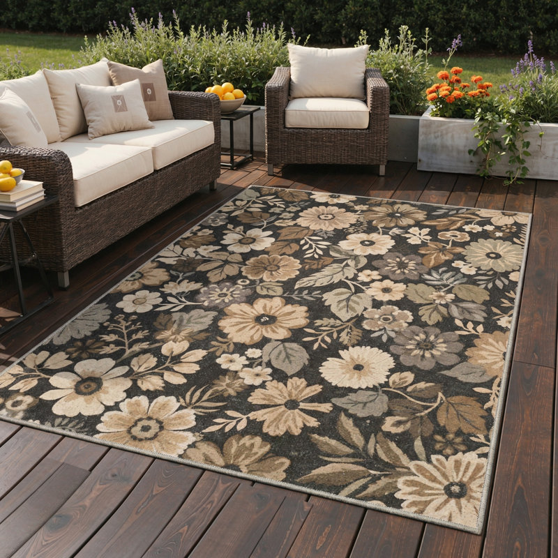 Blossom Vintage Floral Machine Washable Brown Indoor Area Rug with Non-Slip Backing, Rectangle 9' x 12'