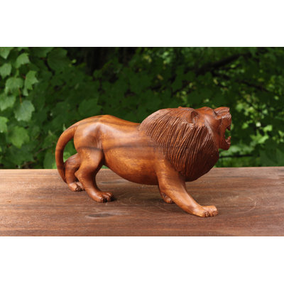 12" Wooden Hand Carved Lion Statue Figurine Sculpture Art Decorative Home Decor Accent Rustic Lodge Handmade Handcrafted Decoration