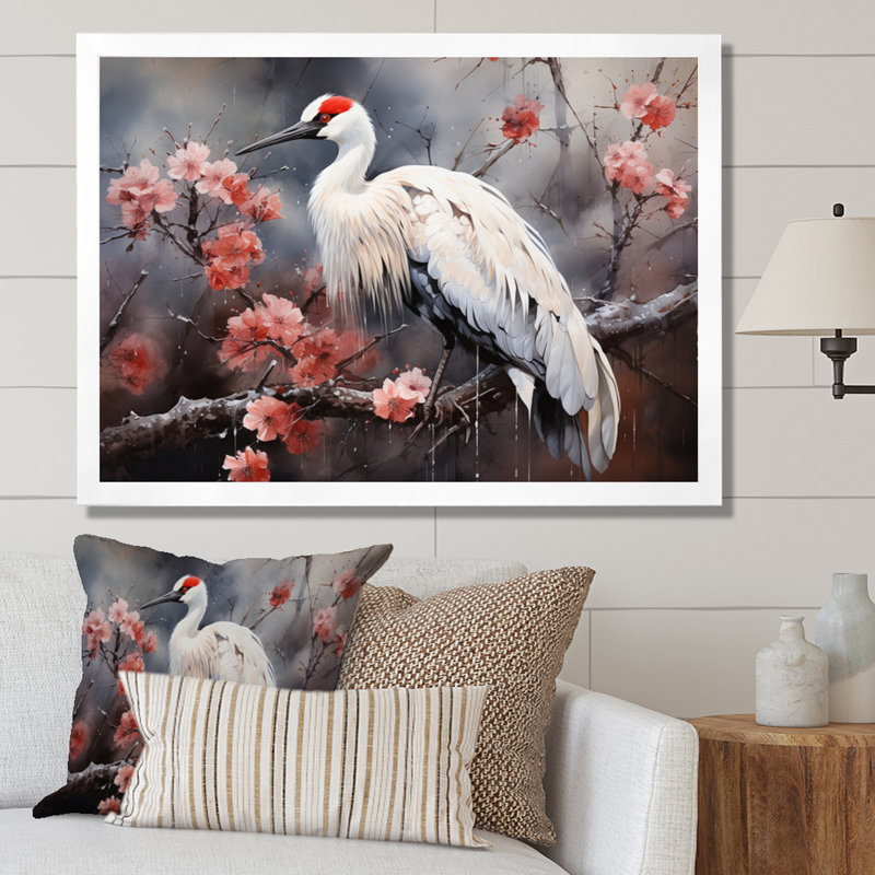 Grue rouge de Chine II - impression, Cadre simple blanc, H 34 po x l 44 po x P 1,5 po