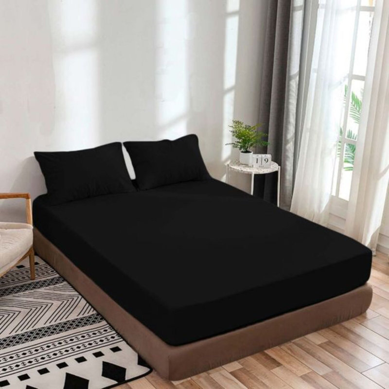 400TC Sateen Solid Cotton Fitted Sheet Fits Upto 20" Deep Pocket, Twin Fitted Sheet, Black