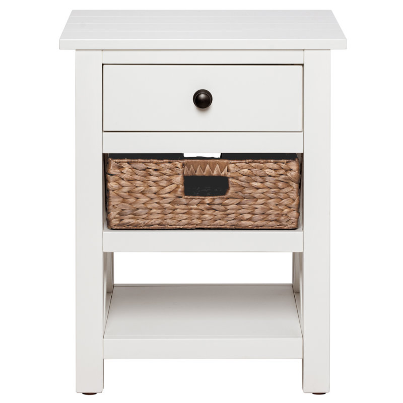 Hoekstra Solid Wood X-Side End Table Side Table with Drawer, 2 Storage Shelves and Wicker Basket, White, White
