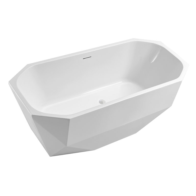 63'' Streamline Freestanding Soaking Acrylic Bathtub With Drain and Bamboo Tray, Glossy White