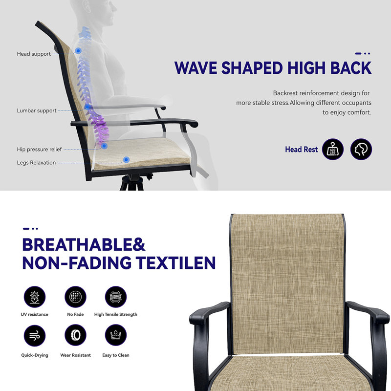 Ensemble de 2 chaises de salle à manger pivotantes pour l'extérieur, chaises de patio en PVC-coated polyester respirantes pour terrasse avant et arrière