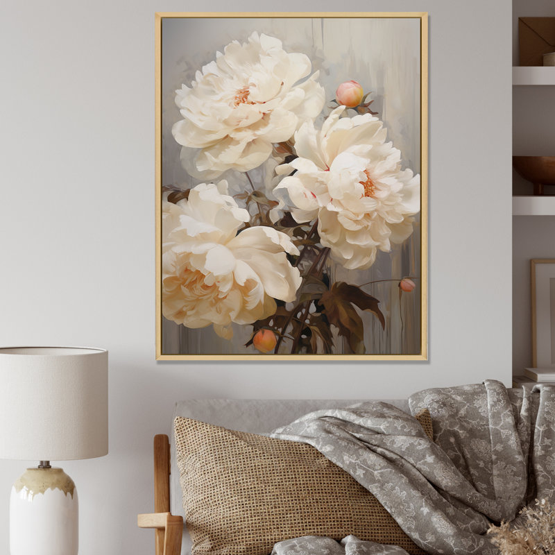Pivoine parfumée beige IV sur toile, Cadre flottant naturel, H 44 po x l 34 po x P 1,5 po