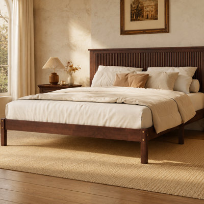 Lit plateforme en bois d'hévéa massif avec tête de lit Wave, cadre de lit en bois naturel avec rangement sous le lit, aucun sommier nécessaire