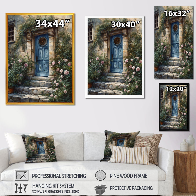 Porte de jardin bleue et verte Rodre sur impression sur toile, H 32 po x l 16 po x P 1 po, Cadre flottant doré