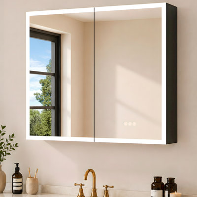 Armoire à pharmacie en aluminium de 91,4 cm (L) x 81,3 cm (H) avec miroir, éclairage DEL, traitement antibuée, éclairage 3 couleurs à intensité variable, grand espace de rangement, étagères en verre réglables, prise USB et prise homologuée UL, montage encastré ou en saillie