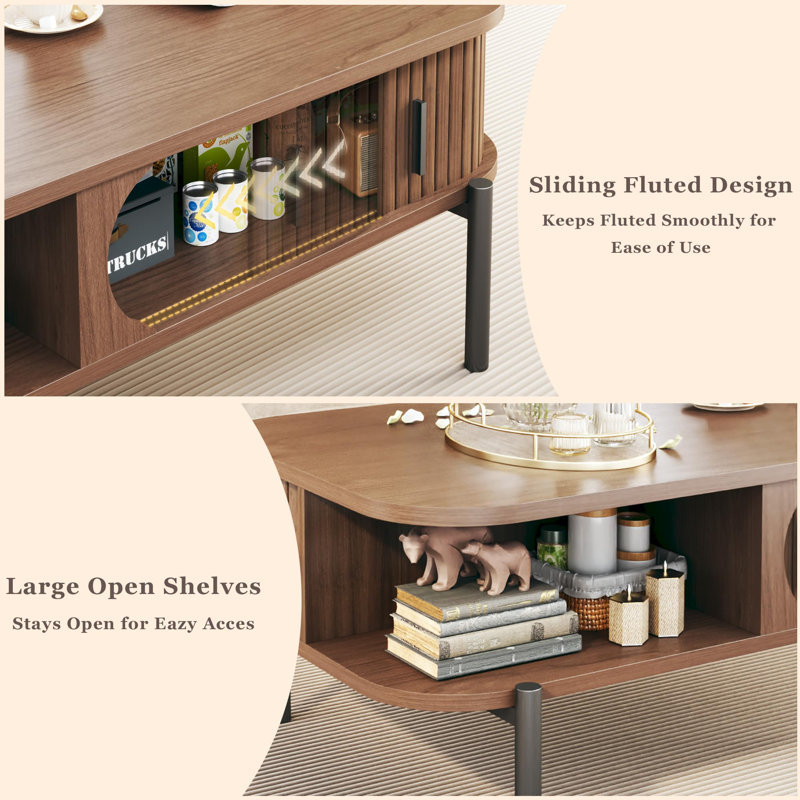 Single Coffee Table With Storage Fluted Sliding Door Cabinet, 17" H x 39.4" W x 19.6" D, Brown