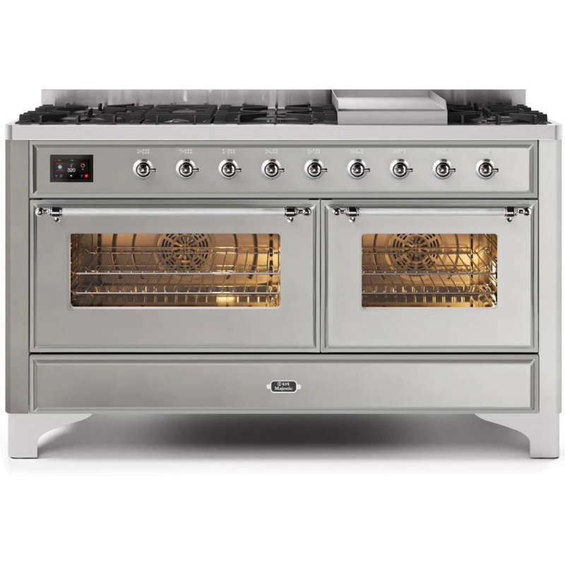 ILVE UM15FDNS3BGG Majestic II 60 inch Dual Fuel Range with 9 Burners, Griddle (Natural Gas, Triple Glass Door, Blue Grey, Brass)