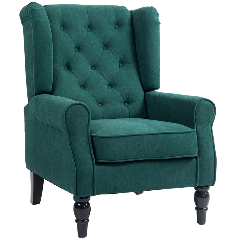 Button-Tufted Accent Chair with High Wingback, Rounded Cushioned Armrests and Thick Padded Seat, Dark Green, Green Fabric