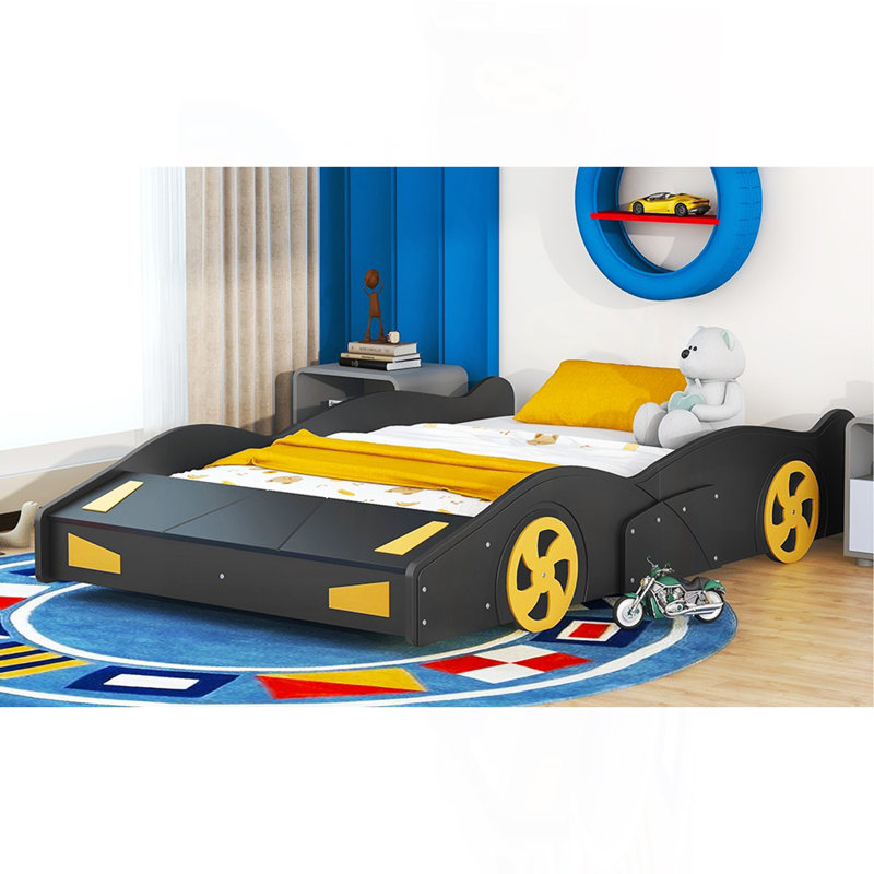 Full Size Race Car-Shaped Platform Bed With Wheels And Storage, Black+Yellow, Black, Full