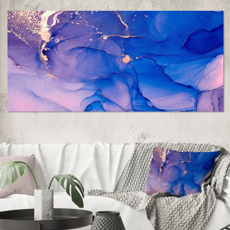 «Blue and Pink Marble Ink Clouds IV», peinture sur toile, H 28 po x l 60 po x P 1,5 po, Toile tendue