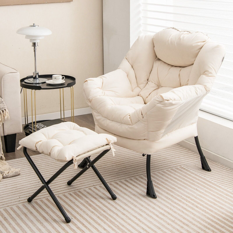 Upholstered Armchair With Footstool, 96cm H x 80cm W x 76cm D, White Polyester