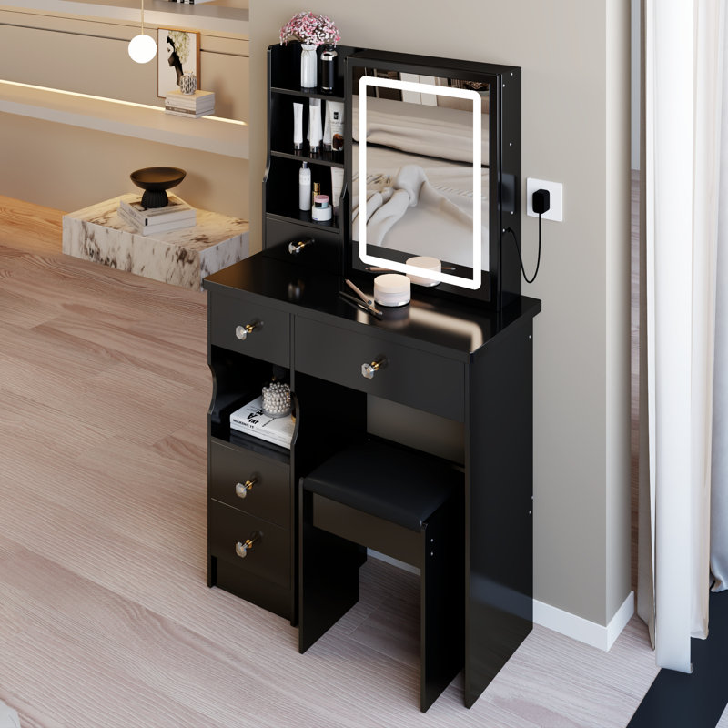 29,2 po, coiffeuse de bureau, tiroir de gauche, miroir tricolore à luminosité réglable, tabouret rembourré, rangement grande capacité, espaces compacts, miroir à DEL noir, réglage,