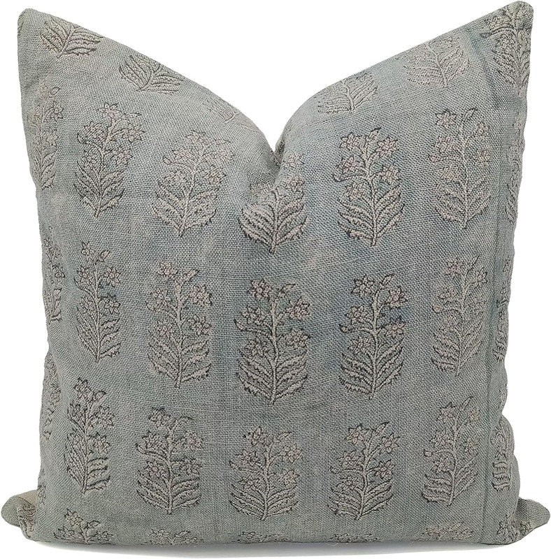 Handmade Light Gray Linen Block Print Throw Pillow Cover, 14x14