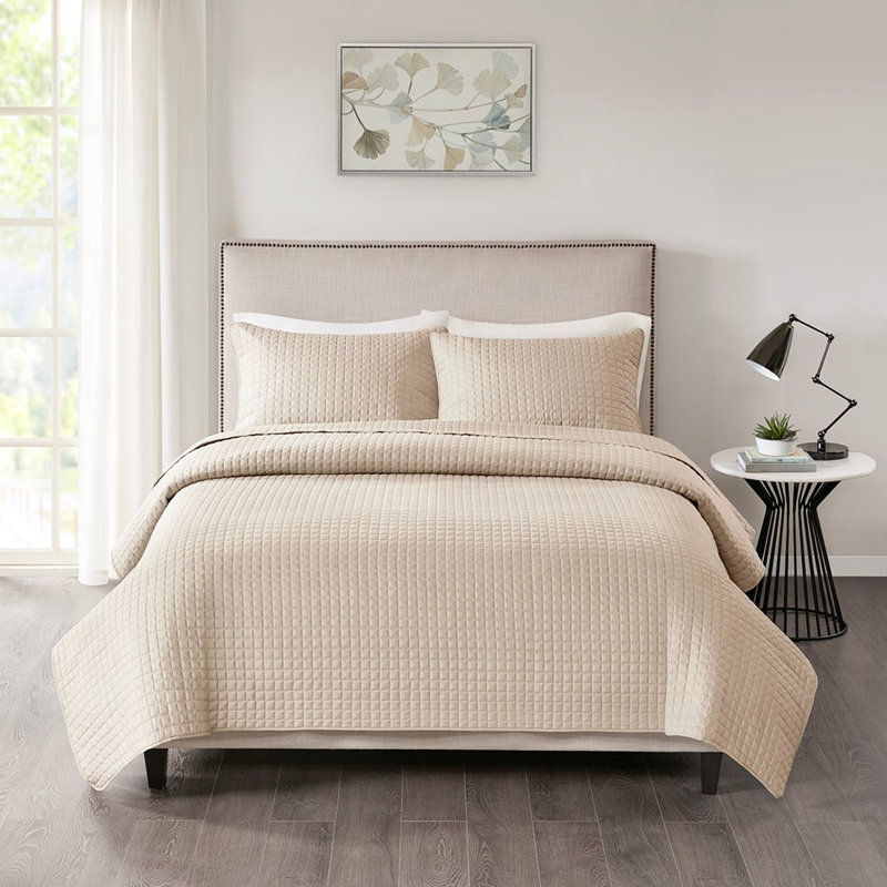 Courtepointe kaki très grand / très grand 3 pièces - Rembourré, motif à carreaux carrés, 2 taies décoratives assorties, rembourrage facile à laver, lavable à la machine à carreaux, entretien