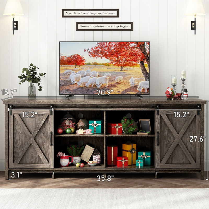 70" Farmhouse Sliding Barn Door TV Stand for TVs Up to 80" TVs, Entertainment Center Console Table with Adjustable Shevles