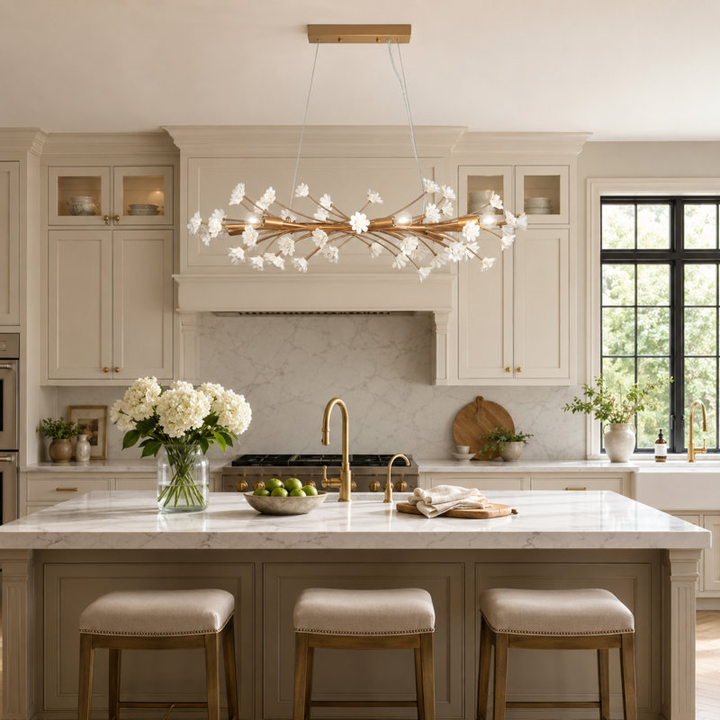 Lustre moderne à six lumières avec console et variateur, orné de fleurs en céramique, style linéaire, pour salle à manger