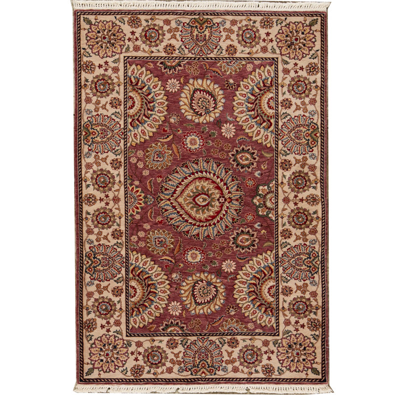 Tapis rose, rose et ivoire de haute qualité noué à la main