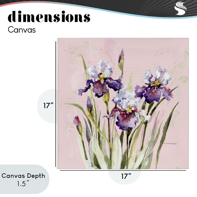 Iris mauves sur toile rose, design par Susan Winget, H 17 po x l 17 po