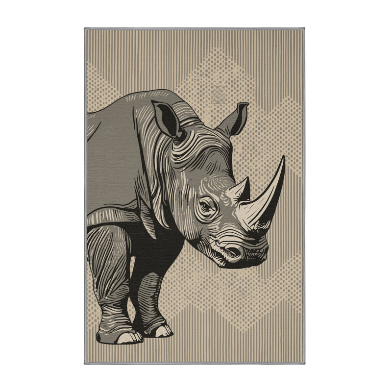 Soft Plush Cuevas Rhino Classic Block Print Area Rug in Grey – Grey Binding, 5x7