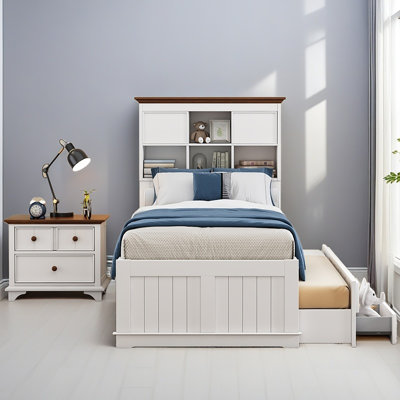 Ensemble de chambre à coucher 2 pièces avec lit gigogne et lit gigogne en bois blanc et noyer 2 pièces