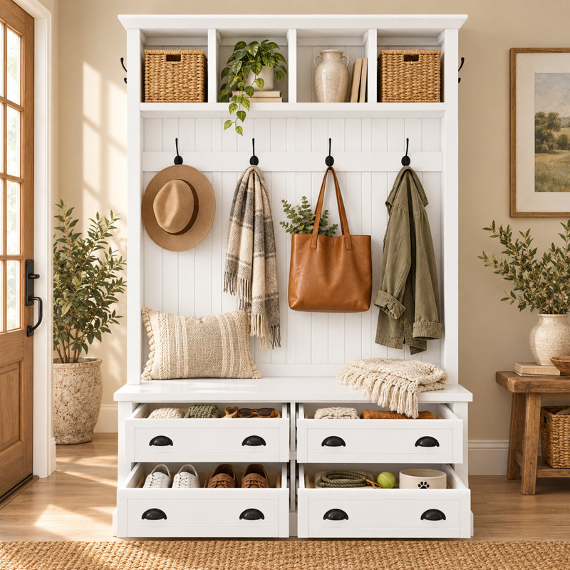 Armoire de vestibule Modern Farmhouse avec banc, organisateur de vestibule avec crochets et casiers de rangement ouverts