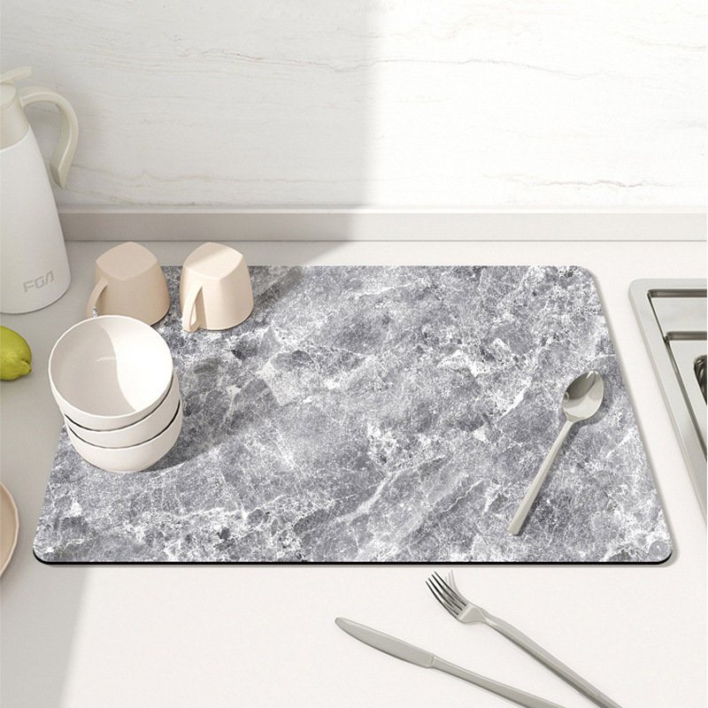 Absorbent Dish Drying Mat with Stylish Marbled Design and Non-Slip Rubber Backing, 15.8" H x 11.8" W x 1.12" D, Gray
