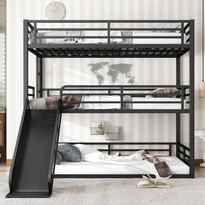 Full Over Full Over Full Bunk Bed With Slide, Metal Triple Bunk Bed With Safety Guardrails, Heavy-Duty Bunk Bed With Noise-Reduced Design