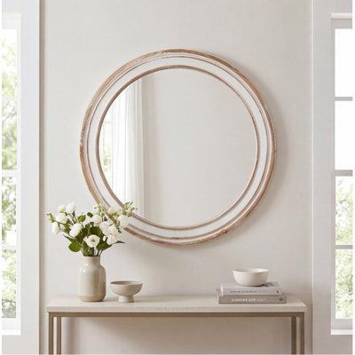 Miroir mural rond 35,4 pouces, cadre en bois blanchi délavé, finition naturelle antique, pour salle de bain, chambre à coucher, entrée, salon