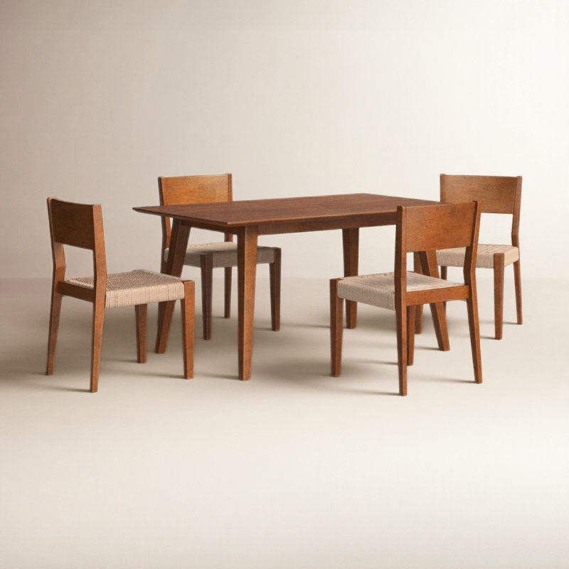 Aniek Solid Wood Top Four Leg Dining Set, Brown, 5 Pieces: Table, 4 Chairs