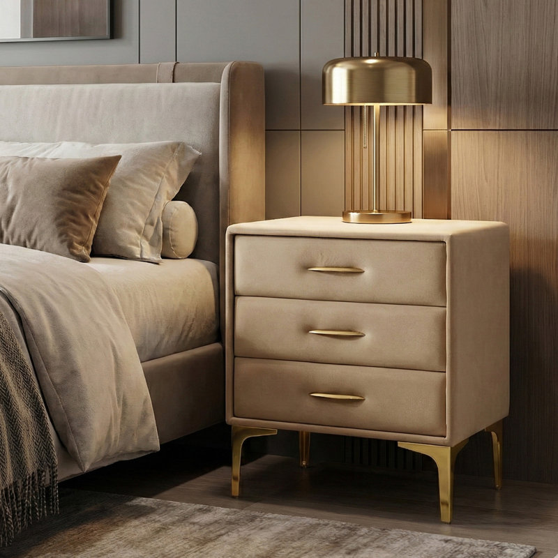 Elegant Velvet Upholstered Nightstand With Gold Legs, Camel Velvet