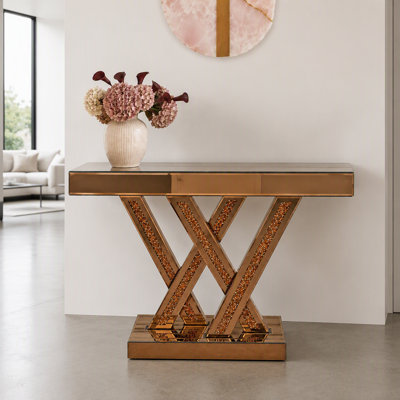 Console d'entrée moderne avec incrustations de diamants broyés, en verre miroir brun, idéale pour l'entrée ou le salon. Table d'appoint décorative et glamour pour le salon.