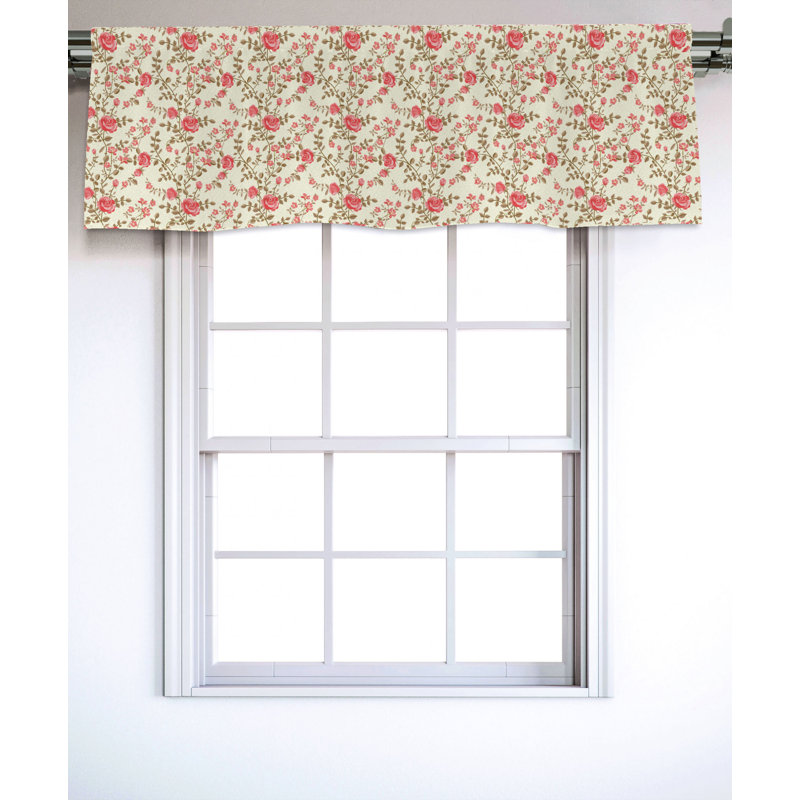 Floral Sateen Ruffled 54'' Pale Yellow and Coral Window Valance