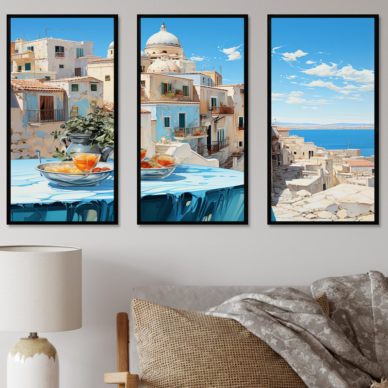 Azure Street In Grèce I - Grèce, ensemble d'art sur toile, Cadre flottant noir, H 40 po x l 60 po x P 1 po