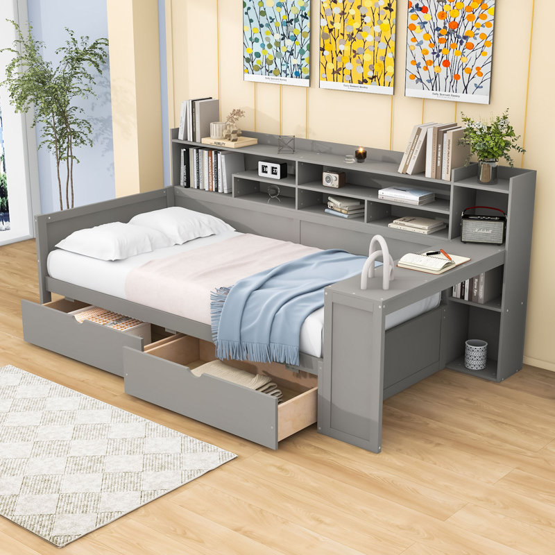 Lit de jour en bois avec bureau d'étude intégré et tiroirs et tablettes de rangement, Lit simple