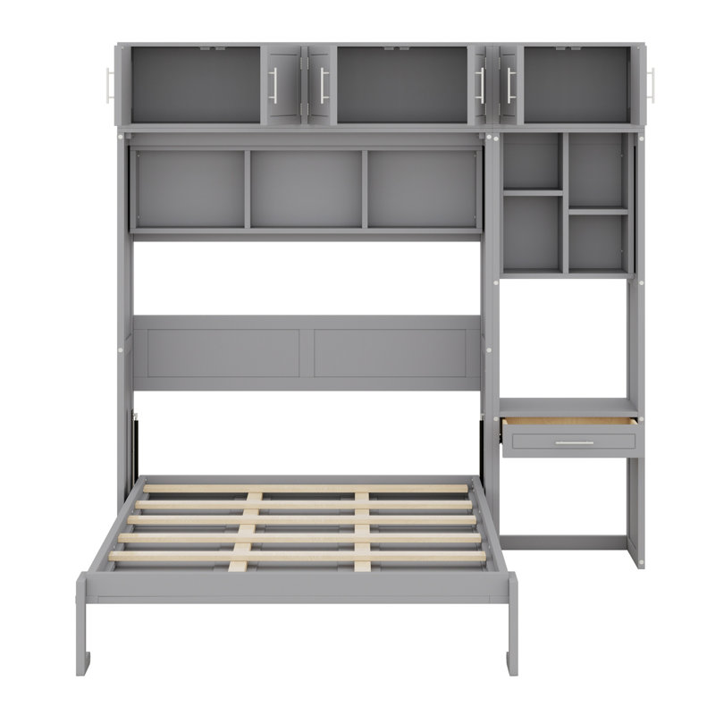 Lit escamotable avec bureau, armoire supérieure et tablettes de rangement, lit pliable peu encombrant